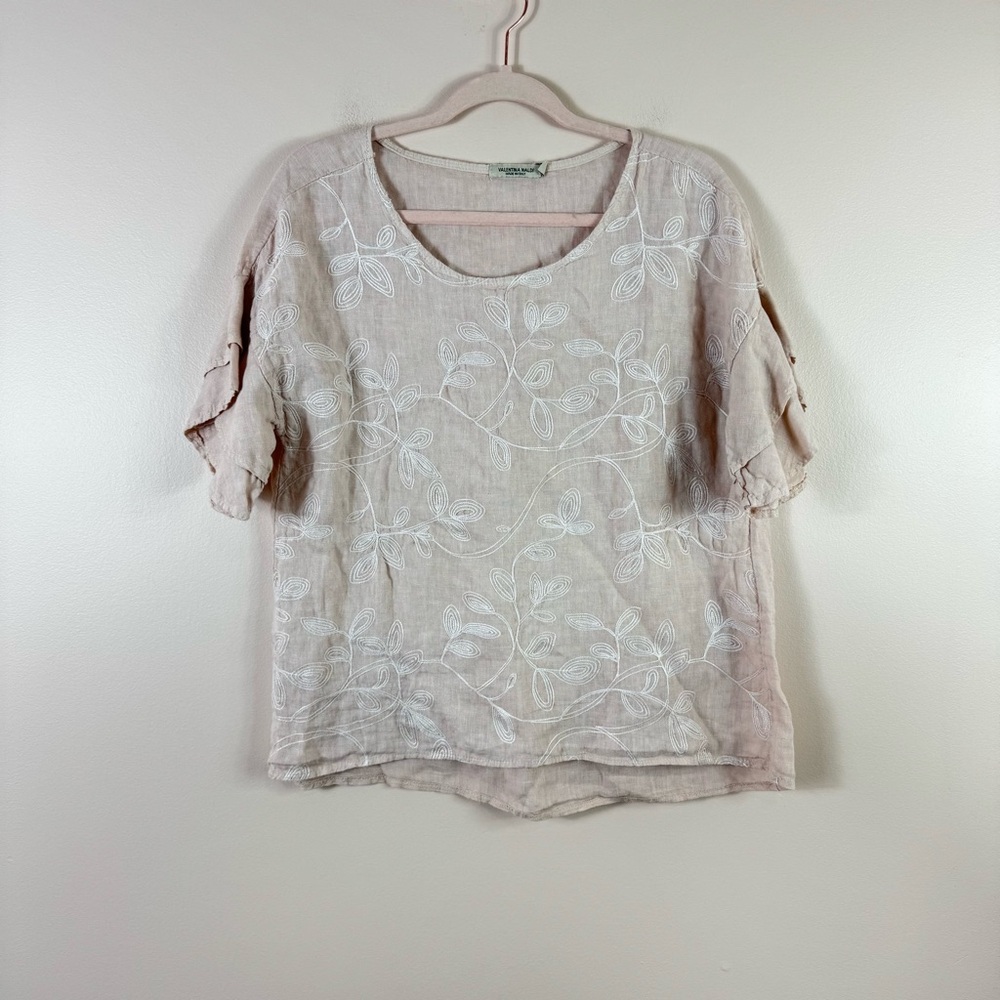 VALENTINA NALDO womesn size L pink white embroidered linen short sleeve top